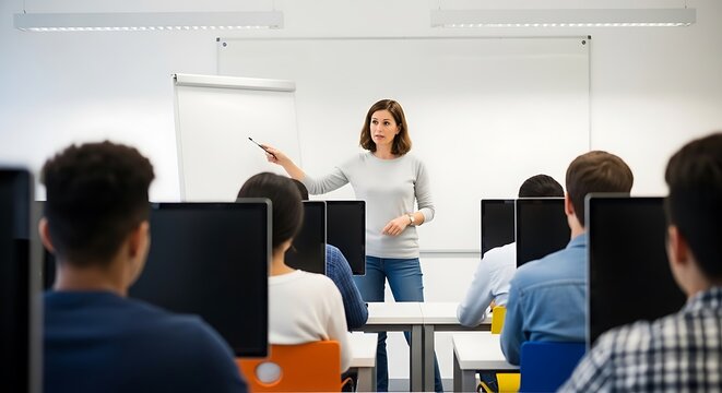 A female teacher is giving a lecture to a group of students in a computer lab, pointing at a whiteboard with a marker, while the students are looking at their computer screens