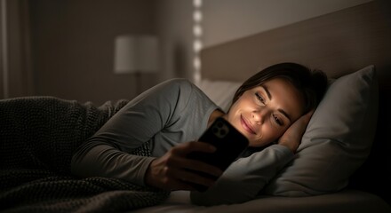 Smiling woman using smartphone in bed at night, symbolizing relaxation, connection, and the use of technology for communication and entertainment before sleep