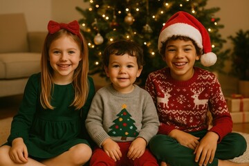Naklejka na ściany i meble Joyful children celebrating Christmas together. Naklejka na ściany i meble Joyful children celebrating Christmas together.