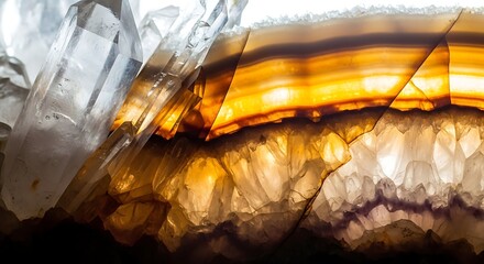 Backlit agate slice with warm orange and purple bands