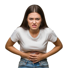 Illustration of woman with stomach ache isolated on transparent background