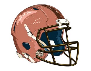Fototapeta premium A stylized illustration of a football helmet, featuring a copper-colored shell and a dark face mask, set against a plain white background