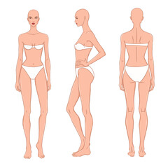 Illustration of a female fashion model shown from front, side, and back views. Perfect for fashion design sketching, garment fitting, croquis drawing, and clothing template creation.