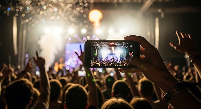 Capturing the electrifying atmosphere of a live concert with a smartphone, the crowd bathed in vibrant stage lights and confetti raining down, creating an unforgettable moment of shared joy - Powered by Adobe