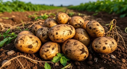 A pile of freshly harvested potatoes rests on the rich, dark soil of a field, their earthy tones contrasting with the vibrant green vegetation.