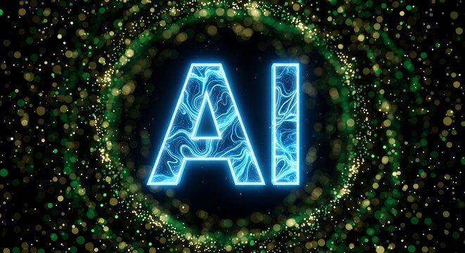 Ai text glowing blue in a swirling green and gold particle vortex