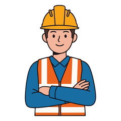 A Cute, Simple Illustration of a Confident Male Construction Worker/Foreman Standing with Crossed Arms, Wearing an Orange Safety Vest and Yellow Hard Hat on a White Background.