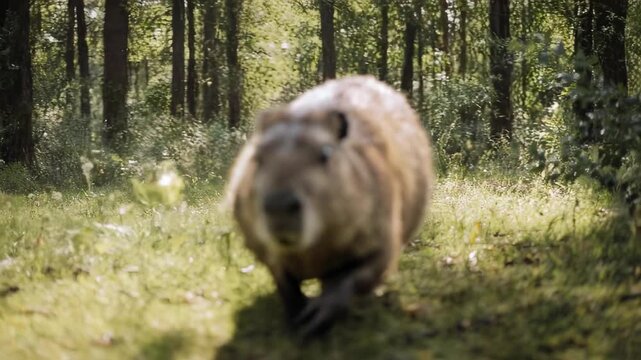 A capybara walking through a sunlit forest. The capybara has a tan coat, and the scene is filled with natural light