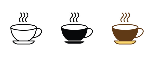 Coffee cup icon in EPS format on a clean white background, shown in outline, solid, flat color, and shaded styles. Ideal for cafés, beverages, breakfast menus, barista branding, and coffee apps.