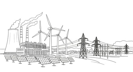 Diverse power generation sources depicted cooling towers, smokestacks, wind turbines, solar panels, and transmission lines