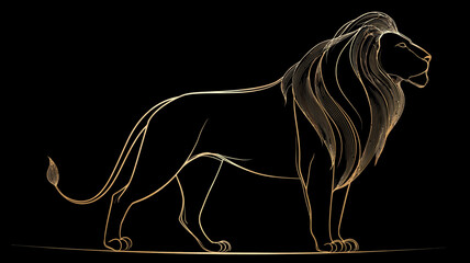 Elegant Golden Outline Lion Illustration on Black Background. Majestic Wild Animal, Stylized Power and Strength Graphic.