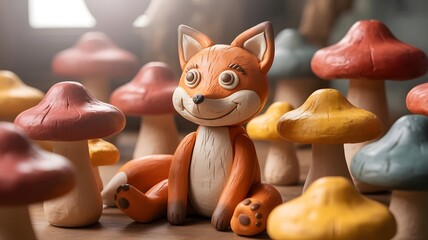 Charming clay fox figurine surrounded by colorful mushrooms, evoking a whimsical and playful atmosphere perfect for children's stories or educational content