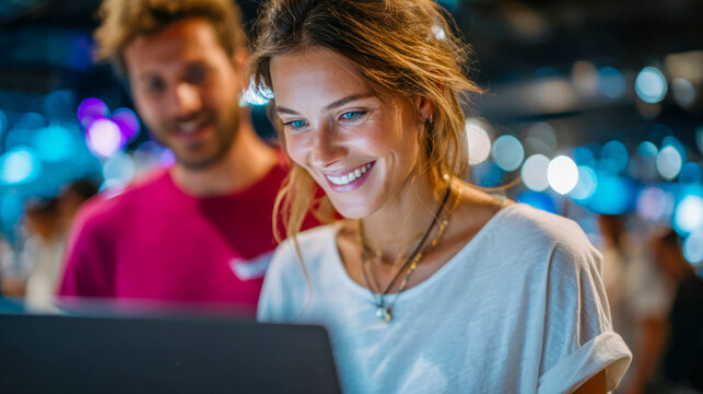 Smiling woman looking at a laptop with a friend in a brightly lit electronics store