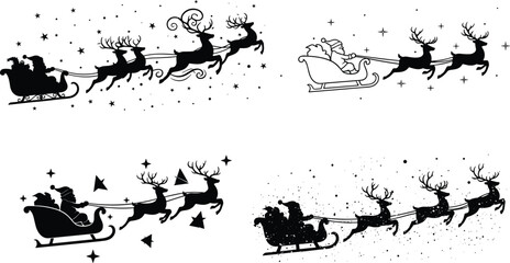 Santa Claus sleigh silhouette, flying reindeer, Christmas night sky, festive illustration, holiday magic, winter scene, seasonal vector art