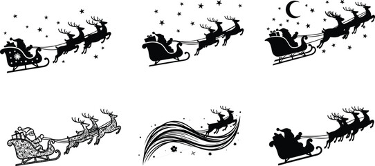 Santa Claus silhouette, flying sleigh, reindeer illustration, Christmas night, festive vector, holiday magic, moonlight scene, seasonal design, winter celebration, gift delivery
