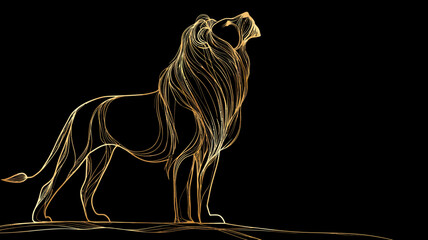 Majestic Golden Lion Line Art Illustration Roaring on Black Background. Elegant, Powerful, and Regal Animal Design with Luminous Glow.