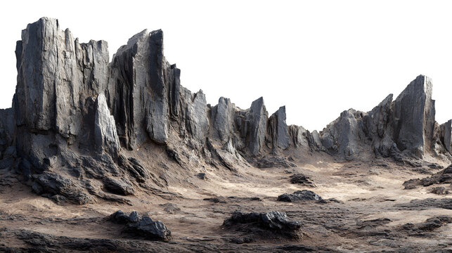 Dramatic jagged rock formations and barren terrain create a stark, alien landscape perfect for sci-fi, fantasy, or nature projects.