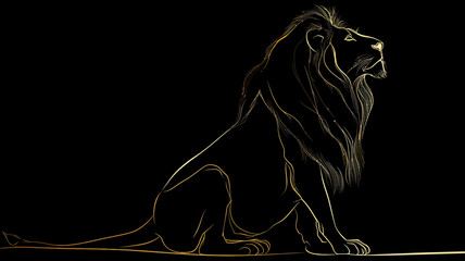 Stylized Golden Lion Outline Sitting Illustration. Regal and Majestic Animal Silhouette Art on a Dark Black Background.