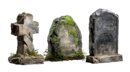 Ancient weathered stone grave markers with moss and inscriptions evoke a sense of history and solemn remembrance.