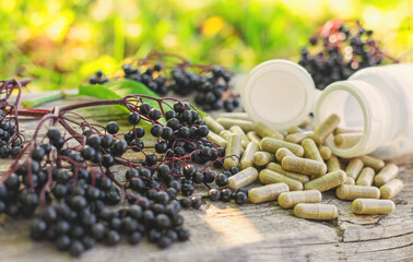 Elderberry tincture and supplements. Selective focus.