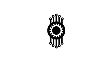 Abstract digital technology icon with a central gear and interconnected circuit nodes, symbolizing AI, data processing, and smart systems.