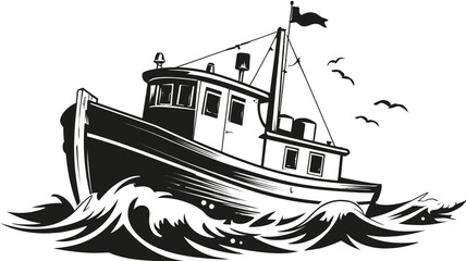 Vintage style illustration of a fishing boat in rough seas, navigating ocean waves with seagulls, retro woodcut engraving