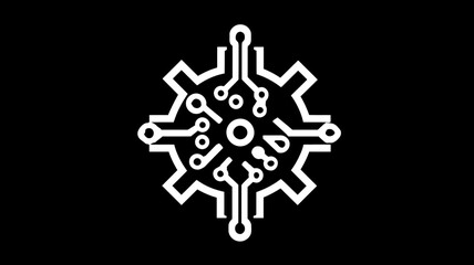 Abstract technology gear icon with circuit board pattern. Artificial intelligence, machine learning, data processing, engineering, digital innovation concept.