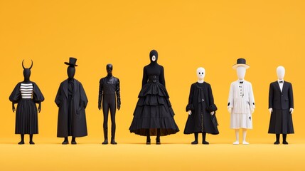 A creative lineup of unique figurines in contrasting black and white costumes against a vibrant yellow background.