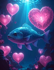 Surreal underwater scene with a fish, hearts, and beams of light