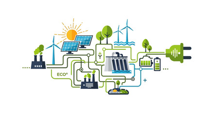 Renewable energy sources power a battery and plug, illustrating a sustainable system