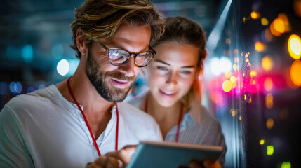 Male and female engineers reviewing data on a tablet inside a brightly lit server environment