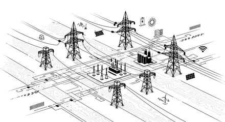 Isometric illustration of a power grid with pylons, substations, and renewable energy sources