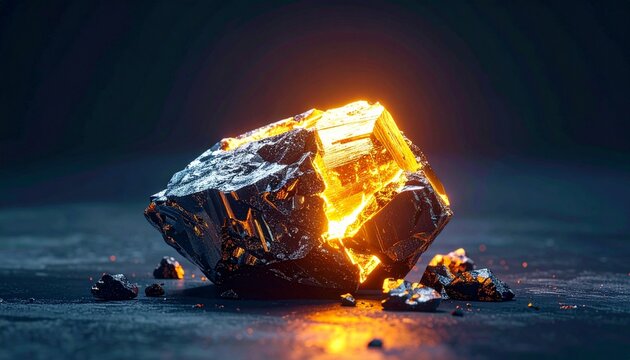 A conceptual image of glowing rare earth minerals found in a mining site with gloves and a shovel, symbolizing the extraction of critical materials essential for future technology industries