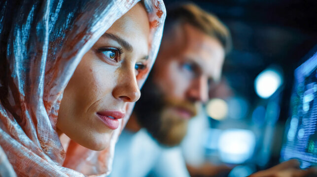 Focused woman in a headscarf working beside a male colleague in a dark technology lab - Powered by Adobe
