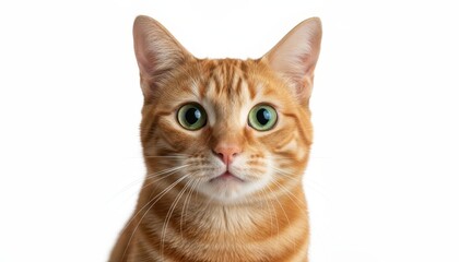 Obraz premium Orange tabby cat with striking green eyes gazes curiously at the camera, showcasing its vibrant fur texture and playful personality in a bright, minimalistic setting