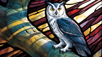 Stunning owl with piercing yellow eyes perched serenely on a branch, a captivating blend of nature's wisdom and artistic flair with stained glass backdrop