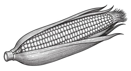 Detailed vintage-style illustration of an ear of corn, showcasing intricate line work and meticulous detail.