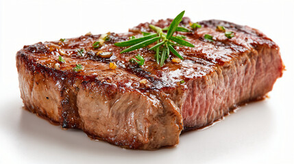 grilled steak isolated on white background, garnished with rosemary