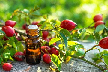 Supplements and extract from rose hips. Selective focus.