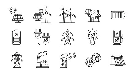 Fototapeta premium Collection of eco-friendly energy icons sun, wind turbines, solar panels, batteries, plugs, and power towers