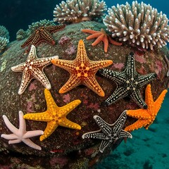 Vibrant starfish cluster on a dark, underwater rock, showcasing a variety of colors and patterns.