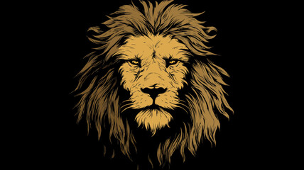 Majestic golden lion head illustration, fierce and powerful, on a stark black background, symbolizing strength and royalty.