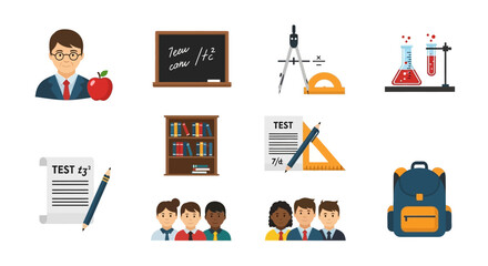 Education icons teacher, blackboard, math tools, science lab, books, tests, students, backpack