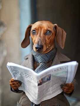 Dachshund dressed in necktie and jacket reading newspaper