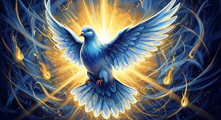 A vibrant blue dove takes flight amidst a radiant, golden glow, surrounded by ethereal flames and swirling energy, evoking a sense of divine inspiration and holy spirit.