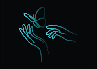 Abstract neon butterfly emerging from reaching hands gentle light art vector