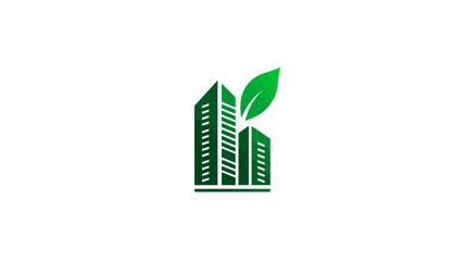 Green city buildings and leaf icon symbolizing sustainable urban development, eco-friendly architecture, and environmental business concept.