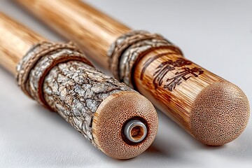 Bamboo percussion sticks on rustic drum surface high resolution picture