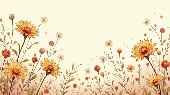 Vibrant wildflowers bloom in a soft, warm meadow, evoking feelings of natural beauty and serene summer days, perfect for invitations and decorations.