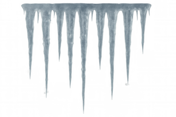 Icicles hanging, clear frozen ice forming, winter cold weather element, transparent background, natural frost